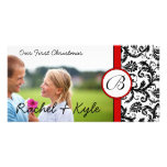 Red & Black Damask Our First Christmas Your Photo Photo Card
