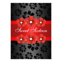 Red/Black Flower Frame Sweet16 Birthday Invite