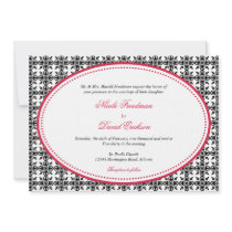 Red black lace oval beaded preppy custom wedding invites