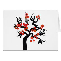 Red black Love birds sakura cherry tree & Blossoms Cards