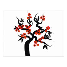 Red black Love birds sakura cherry tree & Blossoms Postcards