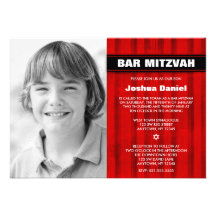 Red Black Stripes Photo Bar Mitzvah Invitations