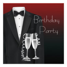 Red Black Tuxedo Mans Birthday Party Invitations