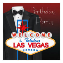 Red Black Tuxedo Mans Birthday Party Invitations
