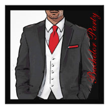 Red black white tuxedo bachelor party invitations