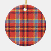 Red, blue, yellow and purple tartan christmas ornaments
