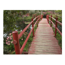 Red bridge over pond, Magnolia Plantation, Post Card