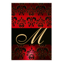 RED BURGUNDY BLACK DAMASK MONOGRAM RSVP ruby gold Custom Invites