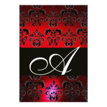 RED BURGUNDY BLACK DAMASK MONOGRAM RSVP ruby white Invitations