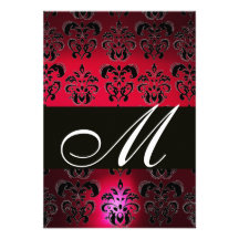 RED BURGUNDY BLACK DAMASK MONOGRAM RSVP ruby white Invites