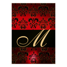 RED BURGUNDY BLACK DAMASK MONOGRAM ruby gold Custom Invitations