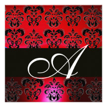 RED BURGUNDY BLACK  DAMASK MONOGRAM , ruby white Personalized Invites