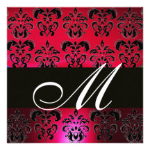 RED BURGUNDY BLACK  DAMASK MONOGRAM , ruby white Custom Announcement