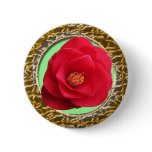 red camellia flower in golden frame pin