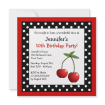 Red Cherries Birthday Black & White Polka Dots Custom Invitations