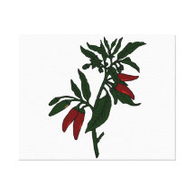 Red chili peppers on dark green plant stretched canvas prints