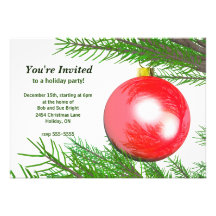 Red Christmas Tree Ball Holiday Party Custom Invites
