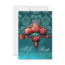 RED CORAL ROSES,BLUE BLACK DAMASK MONOGRAM RSVP CUSTOM ANNOUNCEMENT
