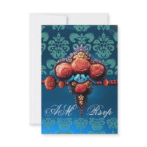 RED CORAL ROSES,BLUE BLACK DAMASK MONOGRAM RSVP PERSONALIZED INVITATIONS