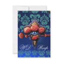 RED CORAL ROSES,BLUE BLACK DAMASK MONOGRAM RSVP PERSONALIZED INVITATION