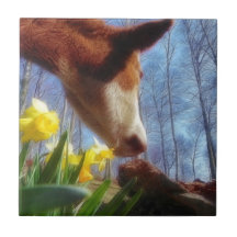 Red Cow and Yellow Daffodils Tile