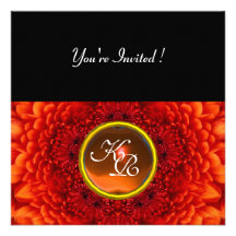 RED DAHLIA, AGATE  monogram ,bright  black yellow Custom Invitation