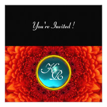 RED DAHLIA, AQUAMARINE ,bright blue black yellow Custom Invite