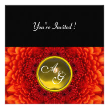RED DAHLIA, TOPAZ monogram ,bright  black yellow Custom Invitations