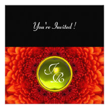 RED DAHLIA, TOPAZ monogram ,bright  black yellow Invites
