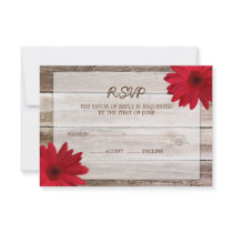 Red Daisy Barn Wood Wedding RSVP Response Card Invitations