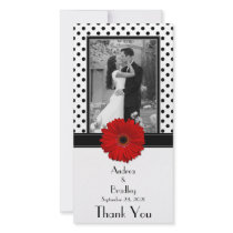 Red Daisy Black White Polka Dot Wedding Photocard Picture Card