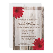 Red Daisy Rustic Barn Wood Bridal Shower Custom Announcements