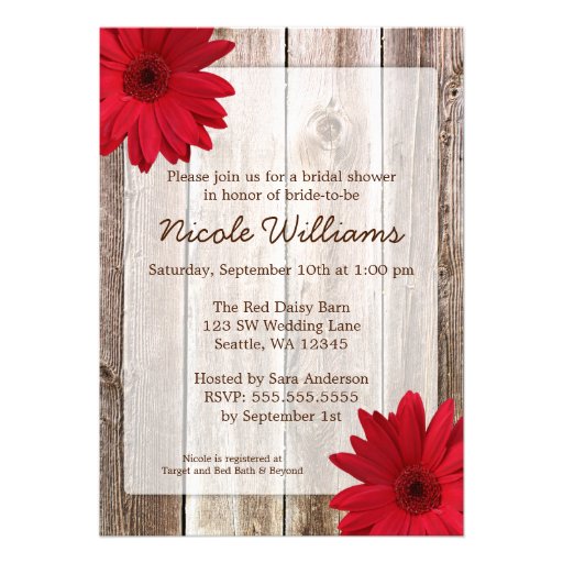 Red Daisy Rustic Barn Wood Bridal Shower Custom Announcements