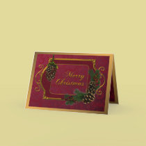 Red Damask and Pinecones Christmas cards