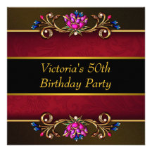 Red Damask Black Gold Womans 50th Birthday Party Personalized Invitations