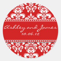 Red Damask Names and Date Wedding Stickers stickers