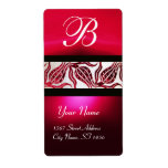 RED DAMASK VELVET TULIPS MONOGRAM Burgundy White Shipping Label