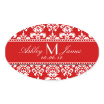 Red Damask Wedding Wine Label Oval Oval Stickers