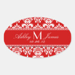 Red Damask Wedding Wine Label Oval Oval Stickers