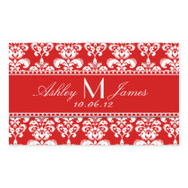 Red Damask Wedding Wine Label Rectangle Sticker