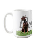 Red Doberman Pinschers with breed name graphic Mug