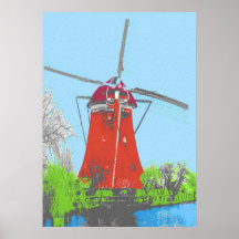 Red Dutch Windmill Print