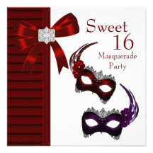 Red Feather Masks Sweet 16 Masquerade Party Personalized Invites