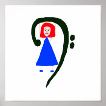 Red female blue dress blue bass clef posters