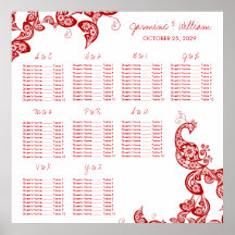 Red Floral Paisley Peacock Wedding Seating Chart Poster