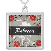 Red Flowers and Silhouette on Silver Necklace