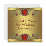 Red Flowers Gold 50th Wedding Anniversary Party Invite