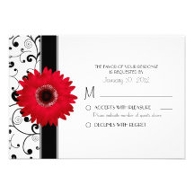 Red Gerbera Daisy with Black Scroll Design RSVP Custom Invitations