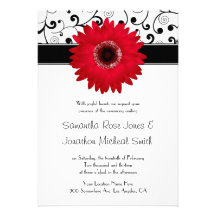 Red Gerbera Daisy with Black Scroll Design Wedding Personalized Announcements