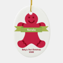 Red gingerbread kid green banner name baby first ornaments